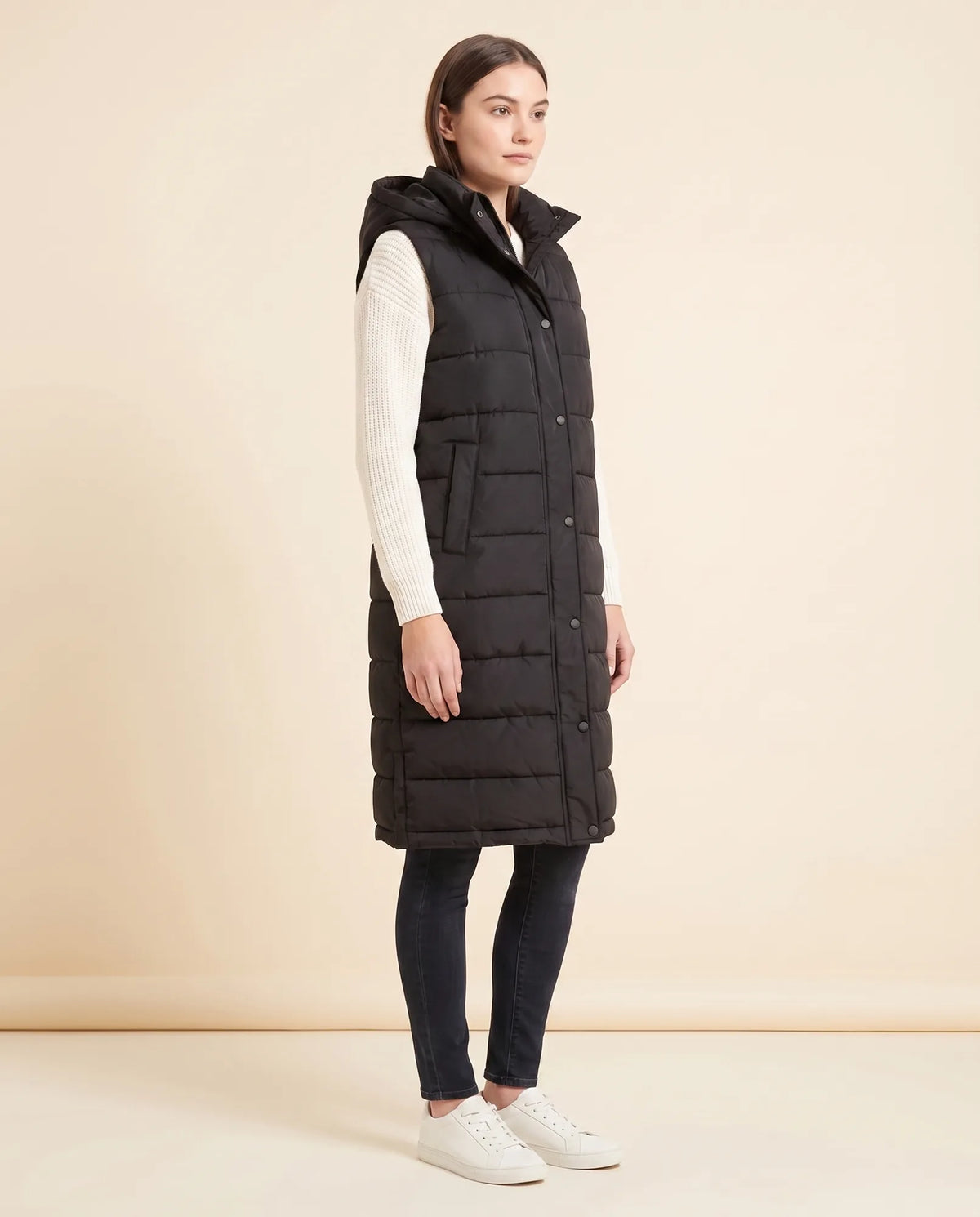 Esme Puffer Vest for Women - Longline Hooded Sleeveless - Black - side