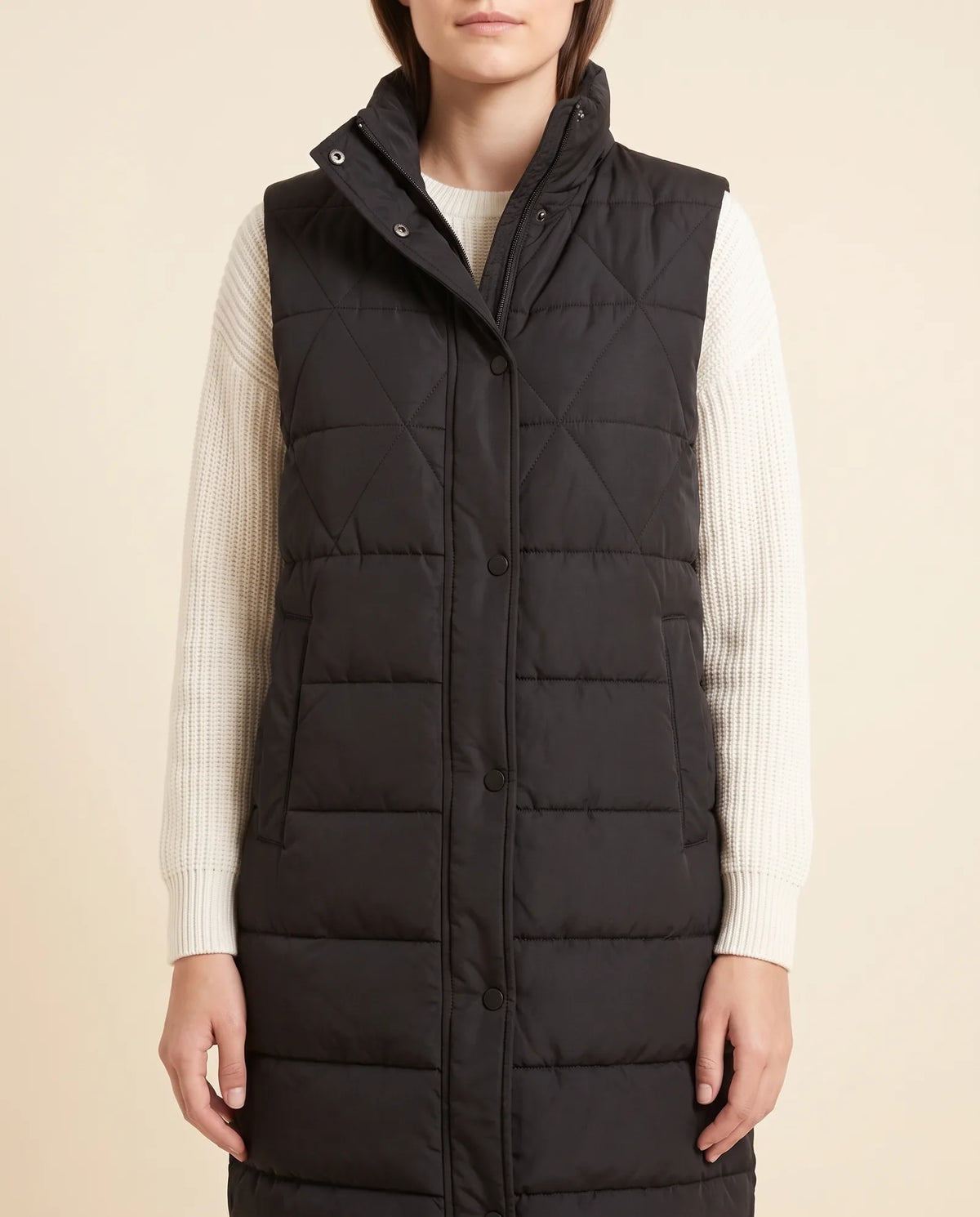 Esme Puffer Vest for Women - Longline Hooded Sleeveless - Black - detail
