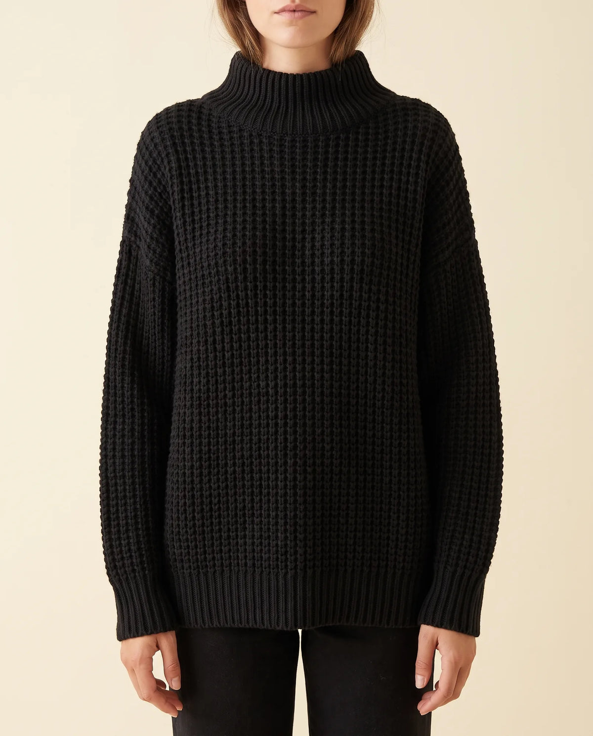 Fern Turtleneck Sweater for Women - Oversized Chunky Knit Drop Shoulder - Black - front