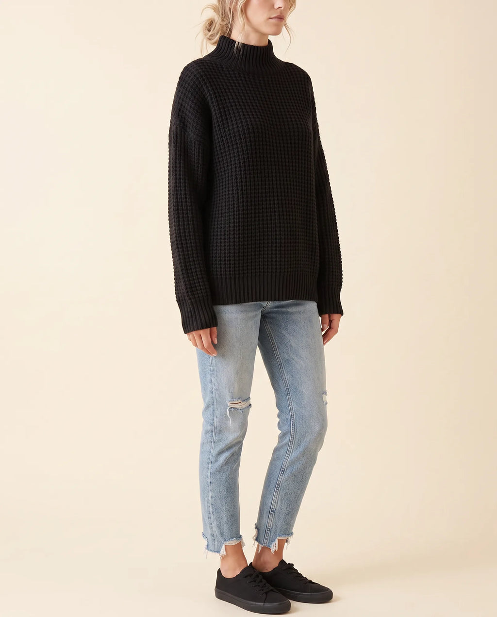 Fern Turtleneck Sweater for Women - Oversized Chunky Knit Drop Shoulder - Black - side