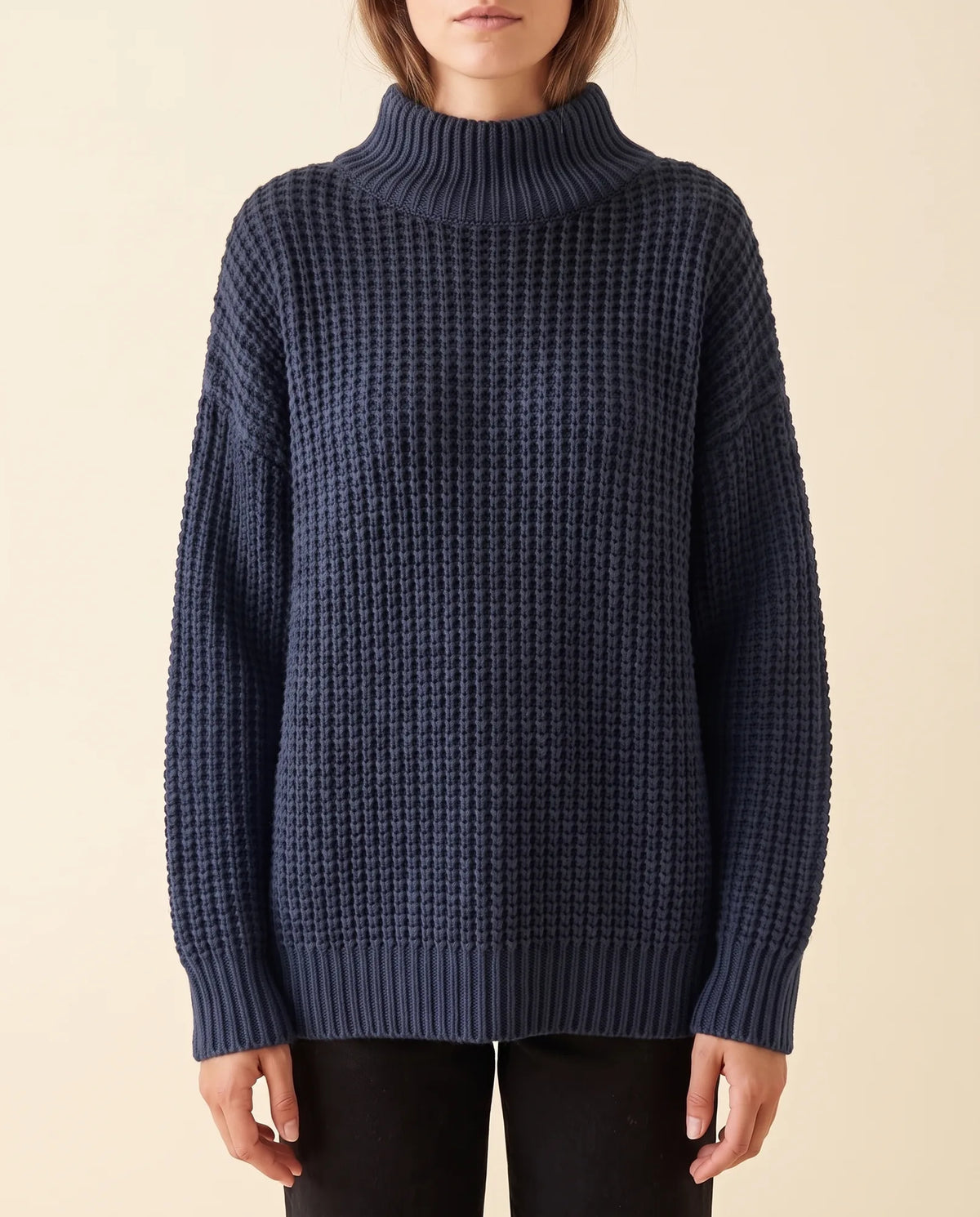 Fern Turtleneck Sweater for Women - Oversized Chunky Knit Drop Shoulder - Blue - front