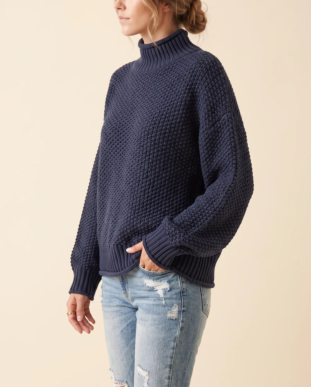 Fern Turtleneck Sweater for Women - Oversized Chunky Knit Drop Shoulder - Blue - side
