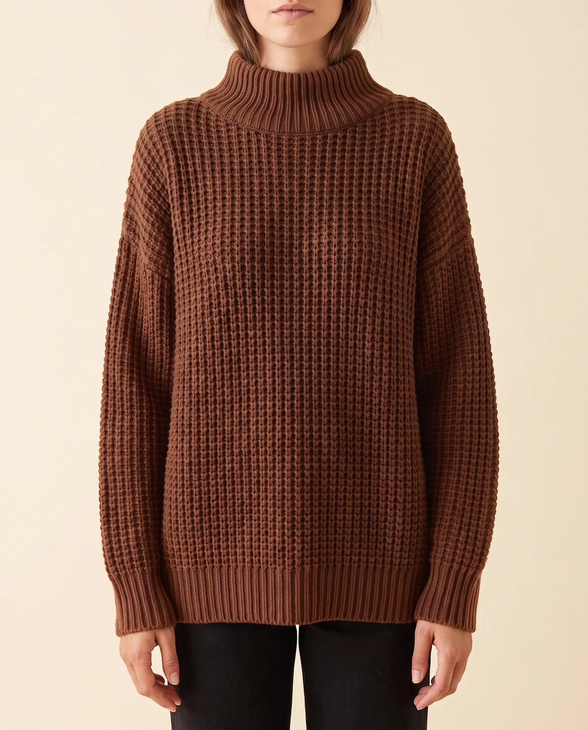 Fern Turtleneck Sweater for Women - Oversized Chunky Knit Drop Shoulder - Brown - front