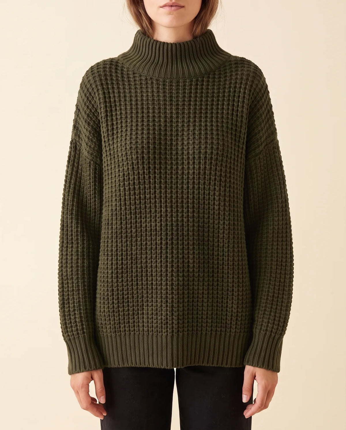 Fern Turtleneck Sweater for Women - Oversized Chunky Knit Drop Shoulder - Green - front