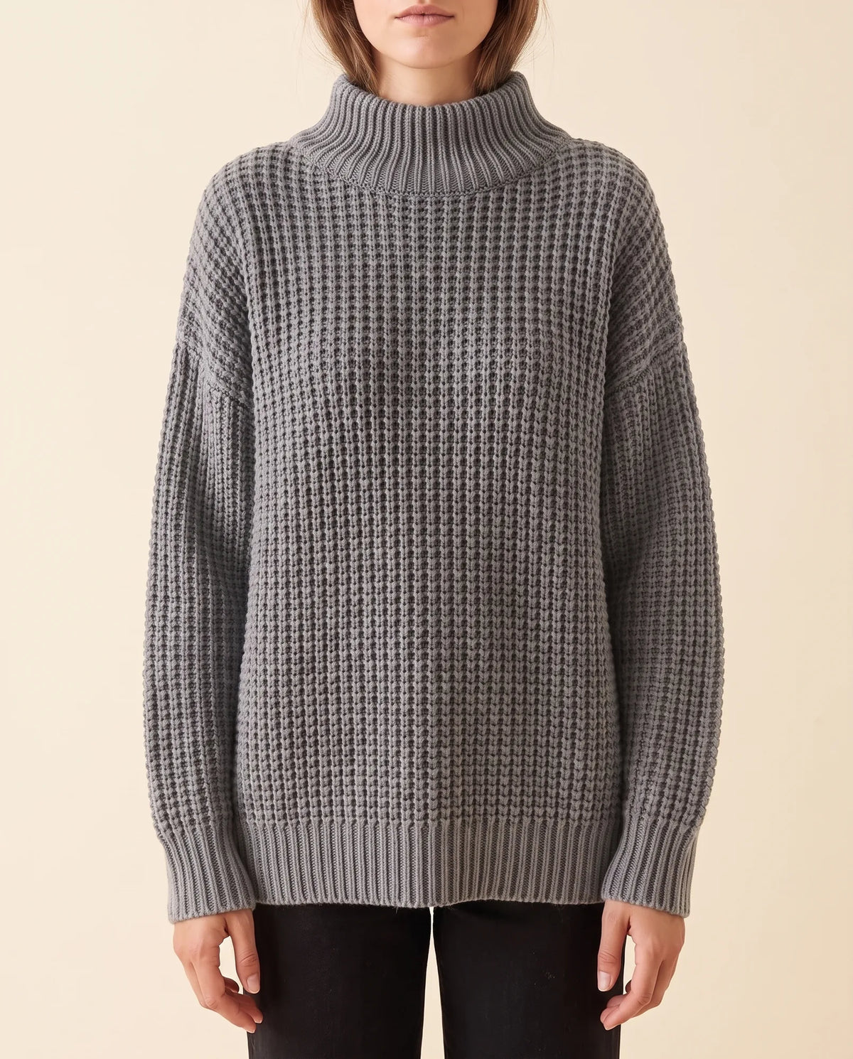 Fern Turtleneck Sweater for Women - Oversized Chunky Knit Drop Shoulder - Grey - front