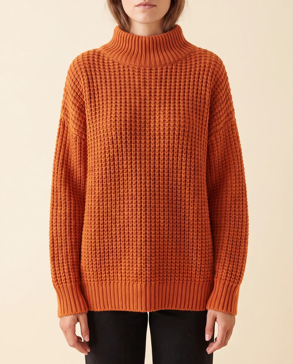 Fern Turtleneck Sweater for Women - Oversized Chunky Knit Drop Shoulder - Orange - front