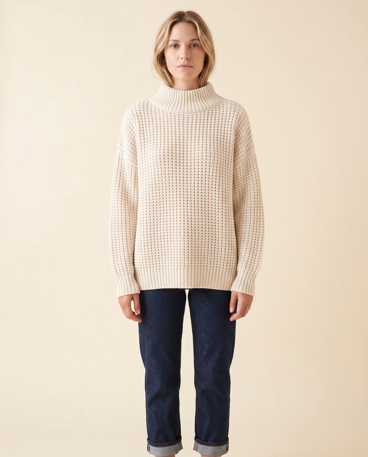 Fern Turtleneck Sweater for Women - Oversized Chunky Knit Drop Shoulder - White - front