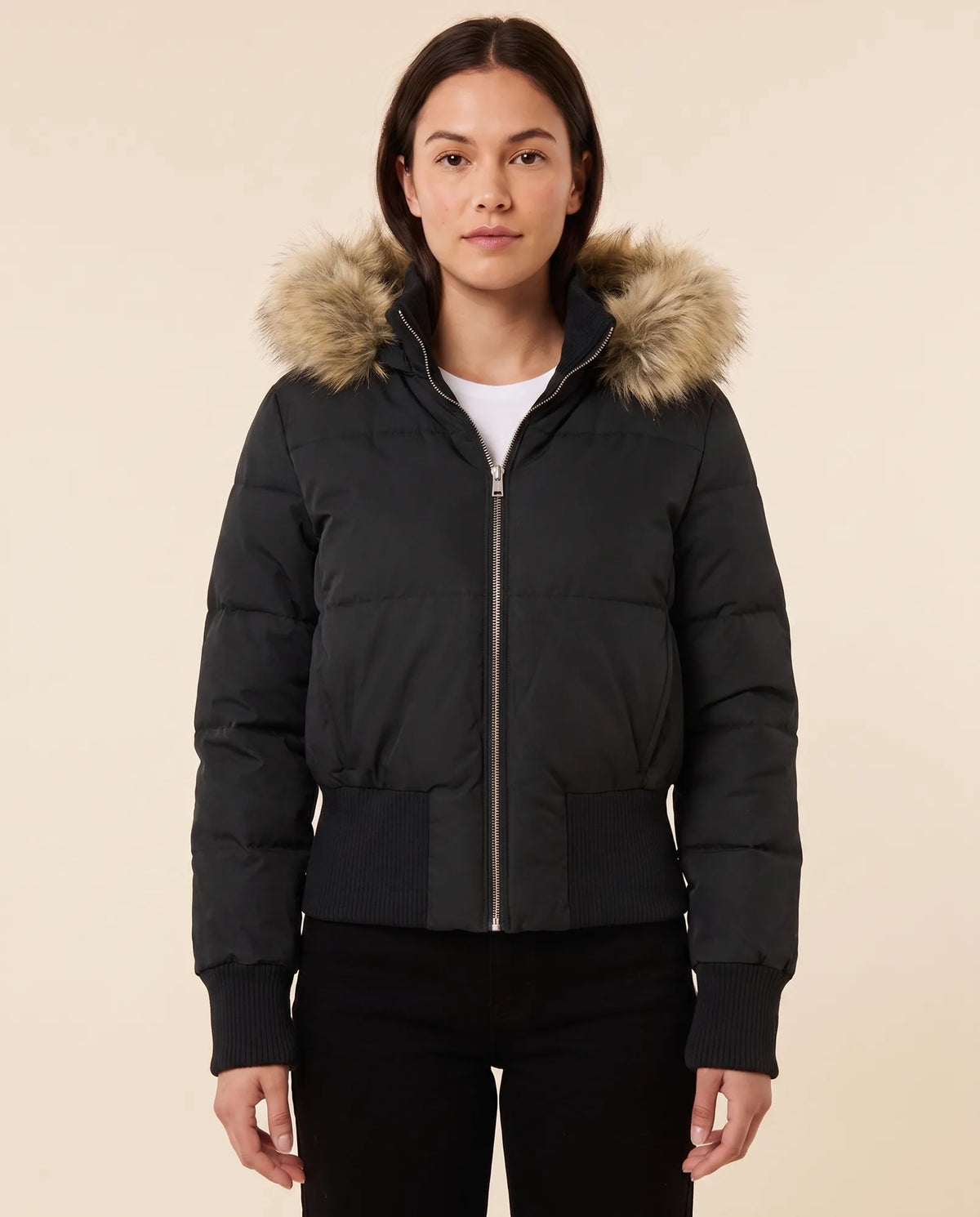 Greta Puffer Jacket for Women - Hooded Ribbed Cuff Zip-Up - Black - front