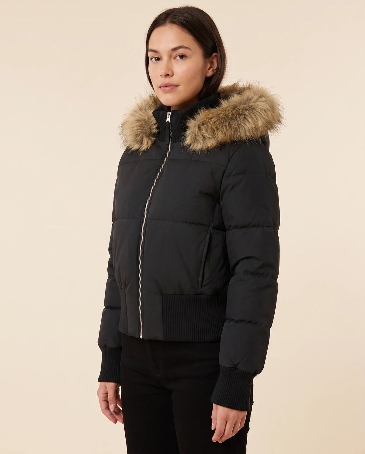 Greta Puffer Jacket for Women - Hooded Ribbed Cuff Zip-Up - Black - side