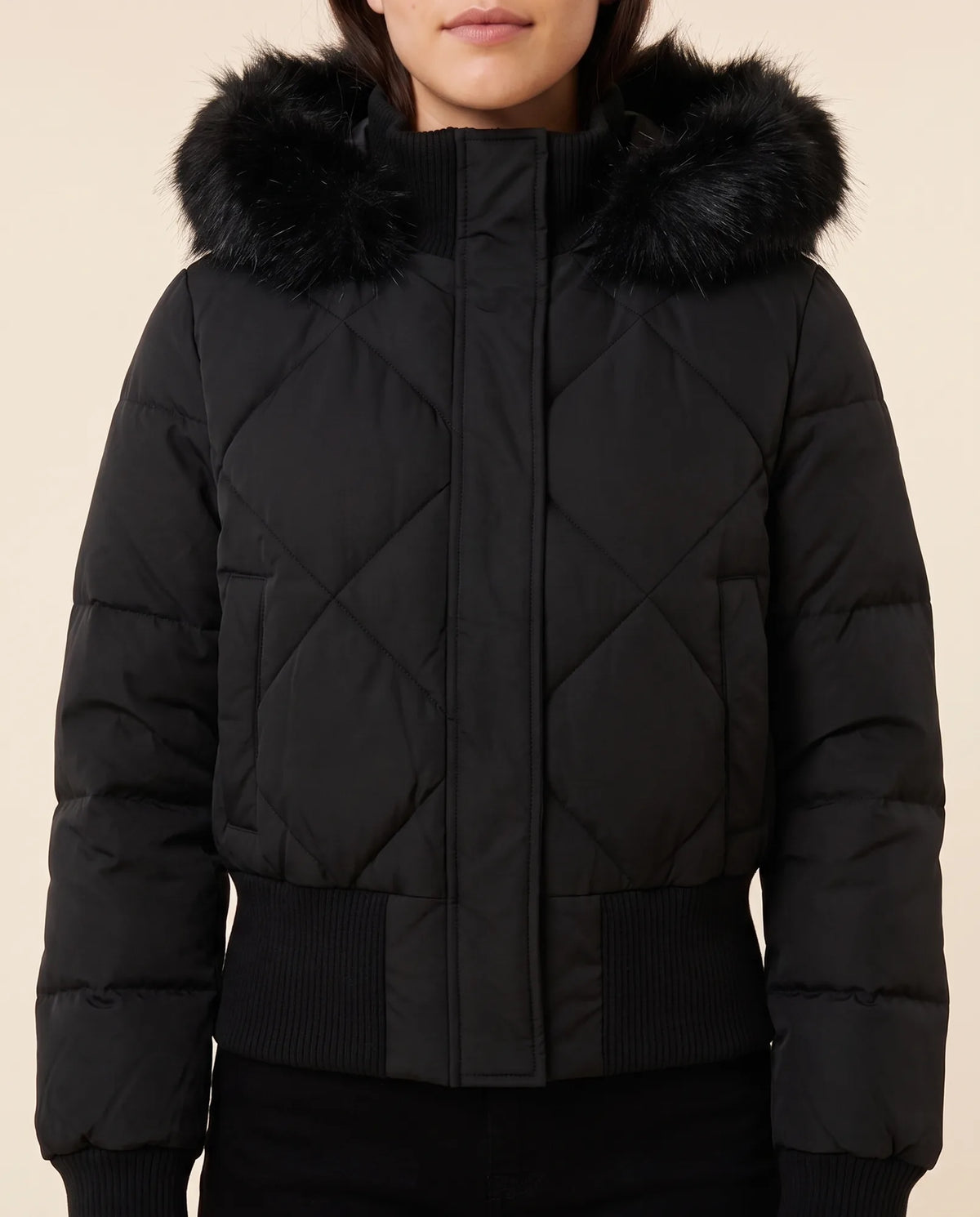 Greta Puffer Jacket for Women - Hooded Ribbed Cuff Zip-Up - Black - detail