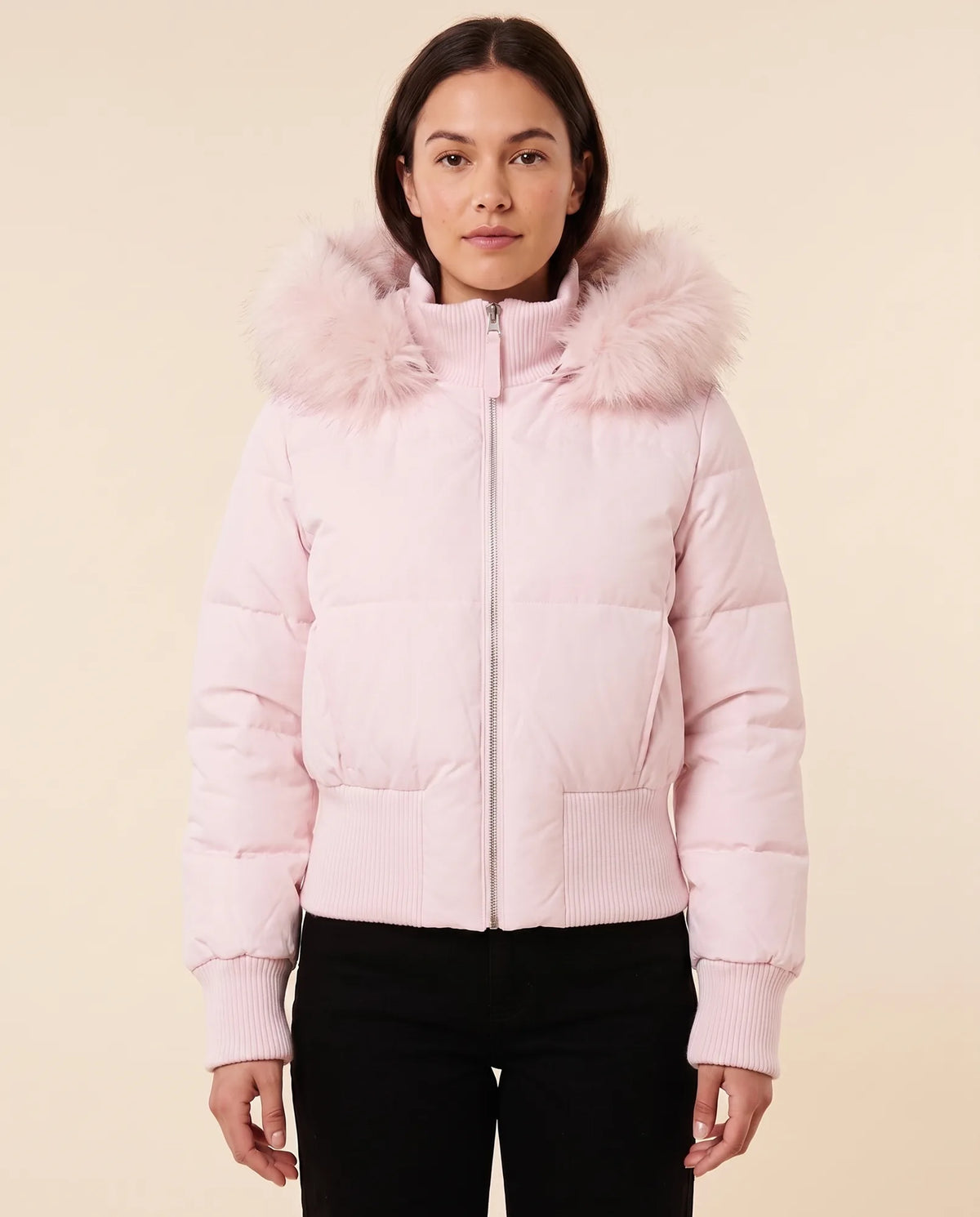 Greta Puffer Jacket for Women - Hooded Ribbed Cuff Zip-Up - Pink - front
