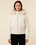 Greta Puffer Jacket for Women - Hooded Ribbed Cuff Zip-Up - White - front