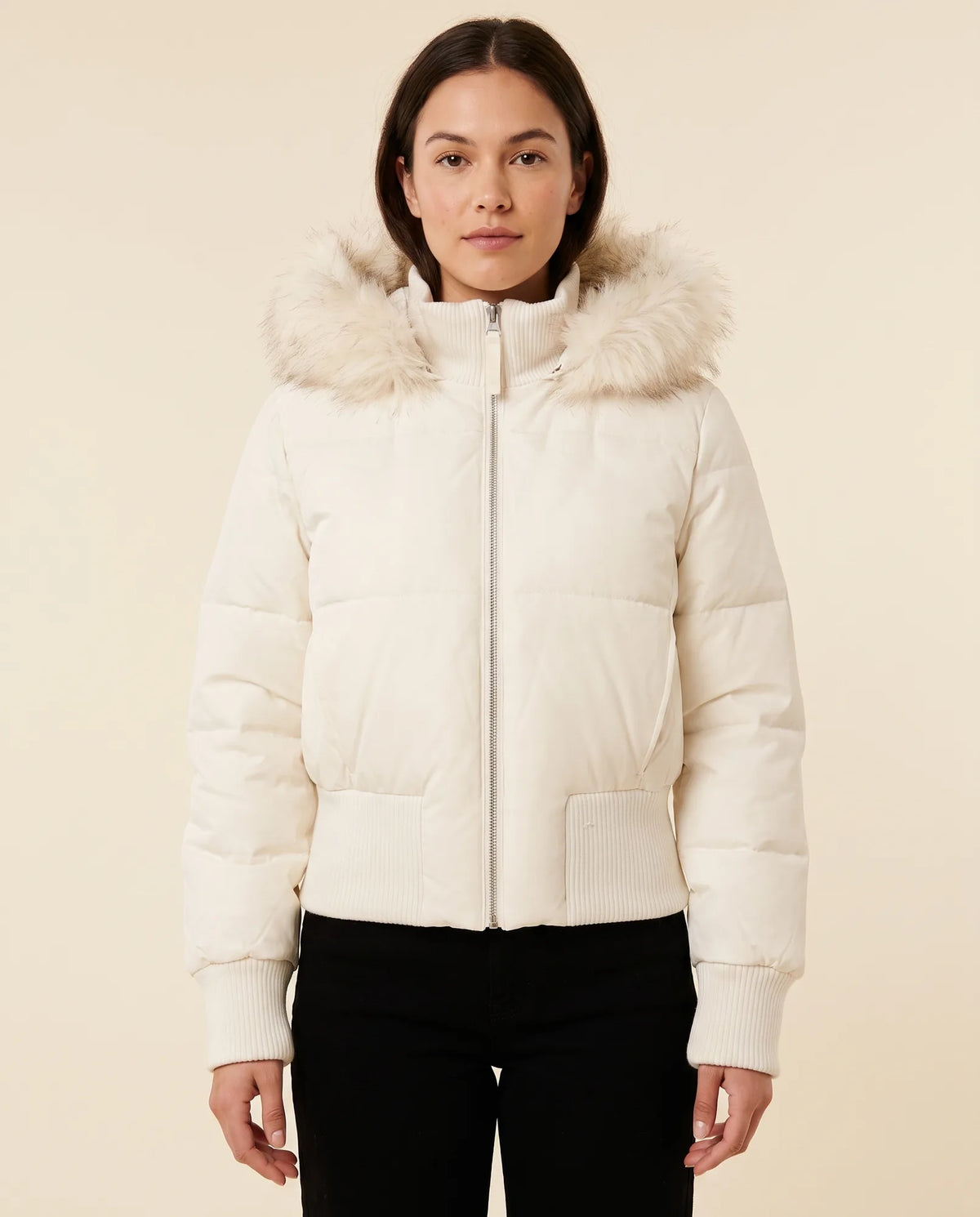 Greta Puffer Jacket for Women - Hooded Ribbed Cuff Zip-Up - White - front