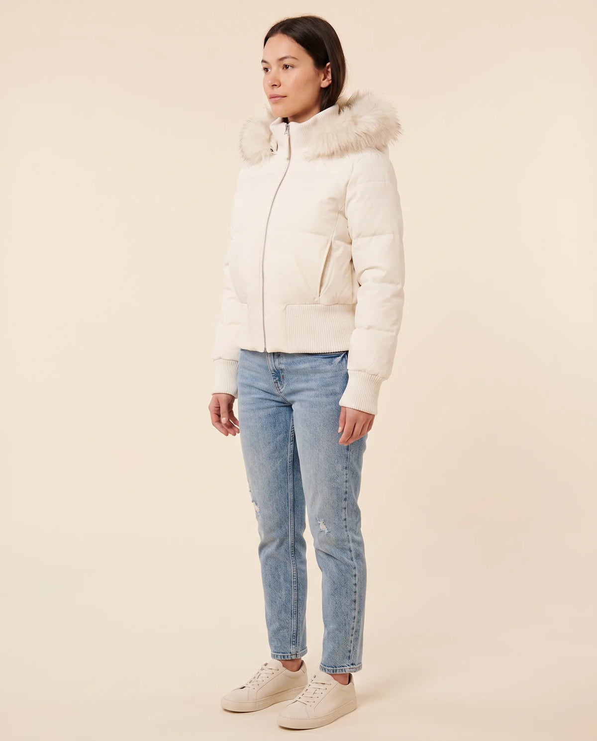 Greta Puffer Jacket for Women - Hooded Ribbed Cuff Zip-Up - White - side
