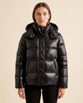 Hazel Puffer Jacket for Women - Slim Fit Hooded Glossy Zip-Up - Black - front