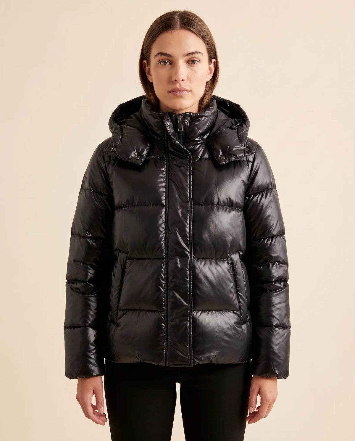 Hazel Puffer Jacket for Women - Slim Fit Hooded Glossy Zip-Up - Black - front