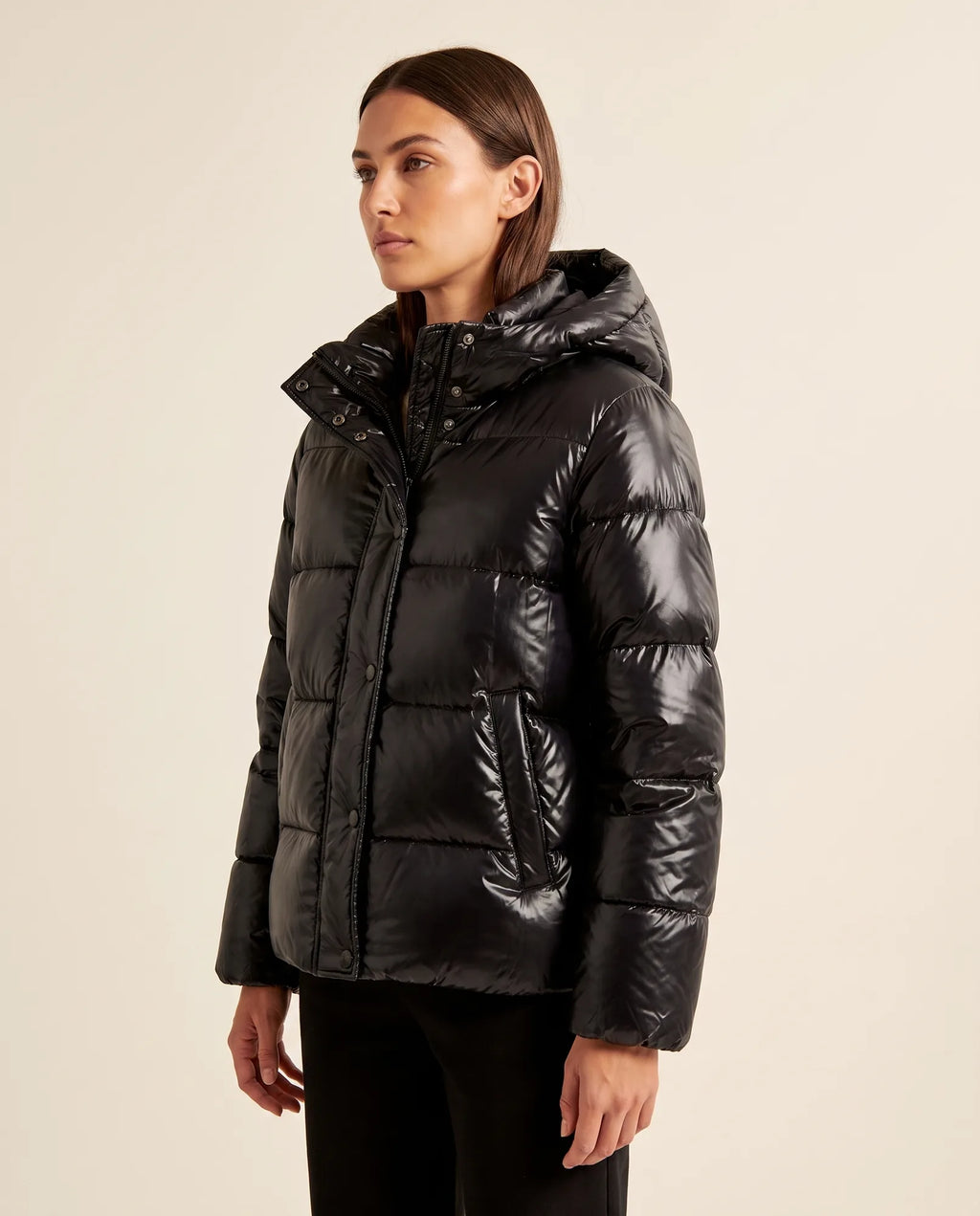 Hazel Puffer Jacket for Women - Slim Fit Hooded Glossy Zip-Up - Black - side