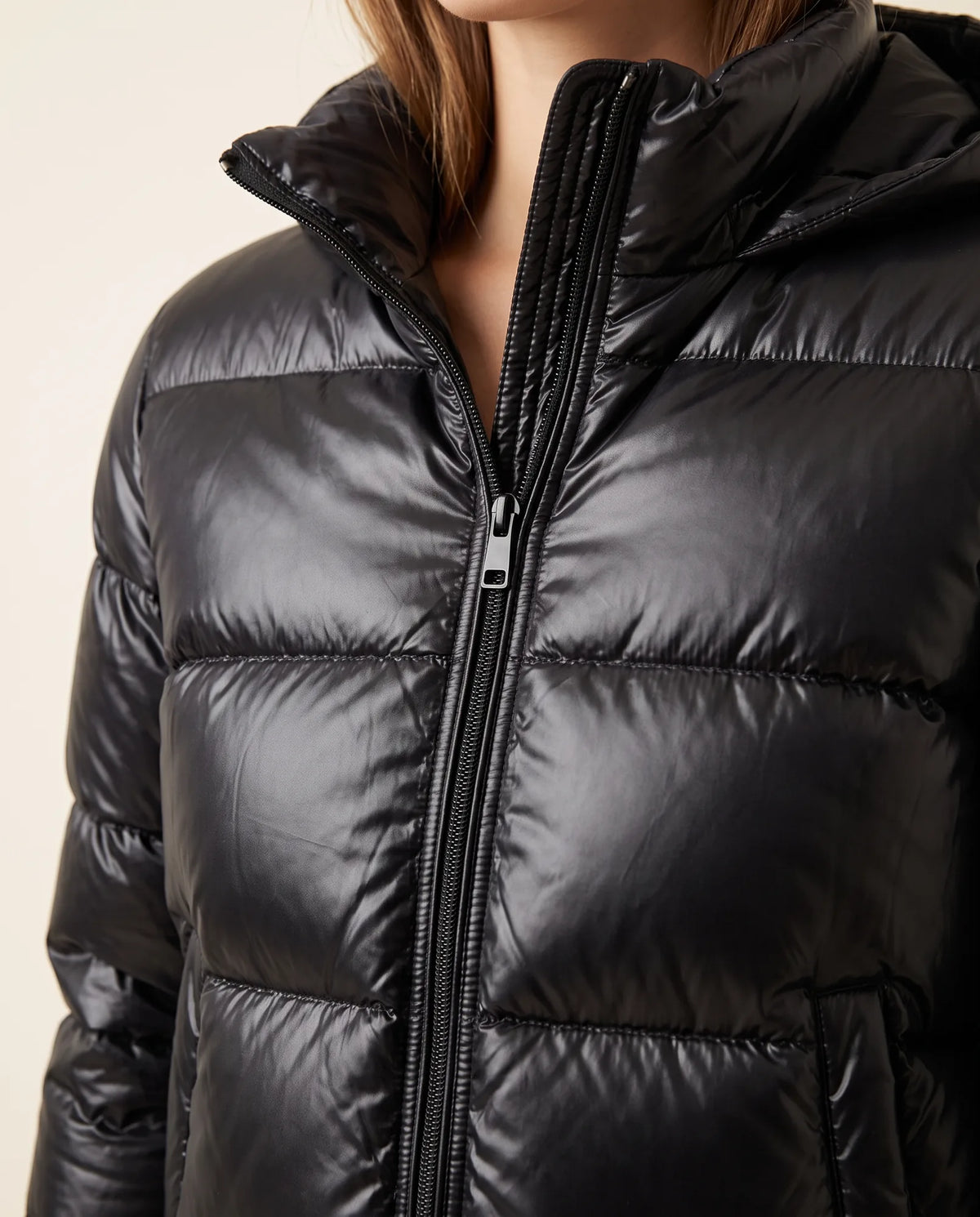 Hazel Puffer Jacket for Women - Slim Fit Hooded Glossy Zip-Up - Black - detail