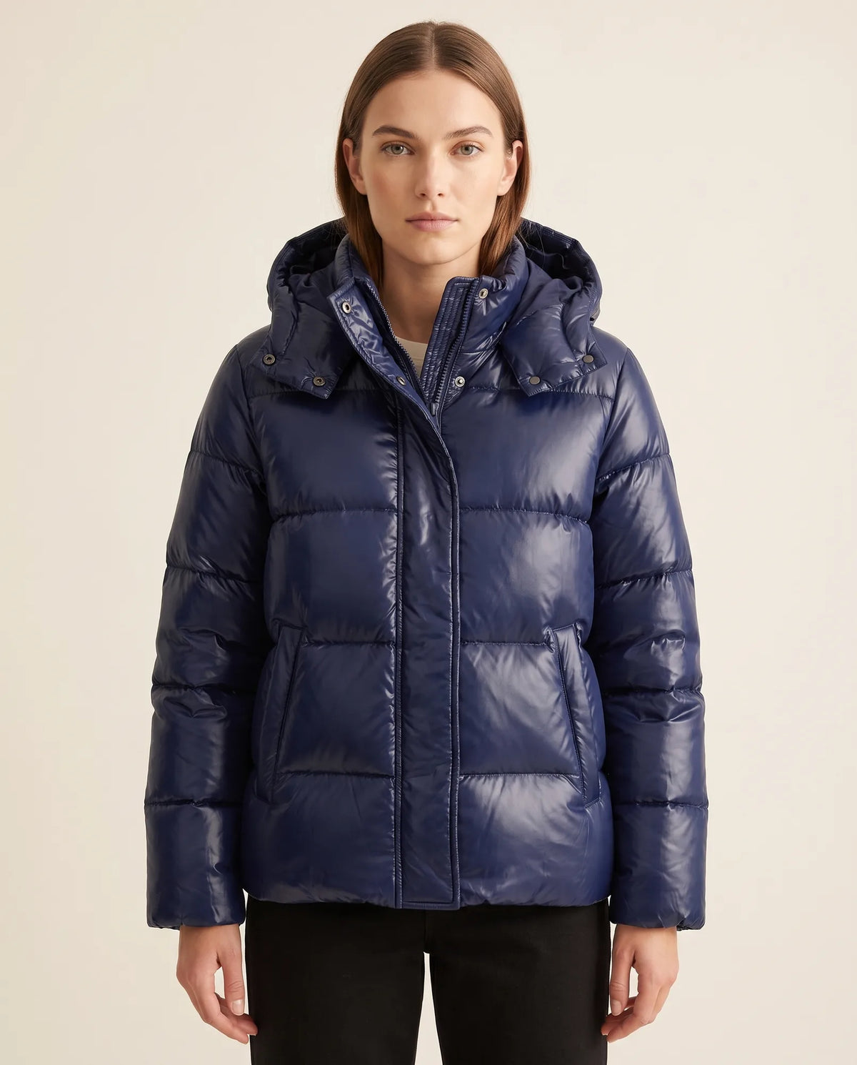 Hazel Puffer Jacket for Women - Slim Fit Hooded Glossy Zip-Up - Blue - front