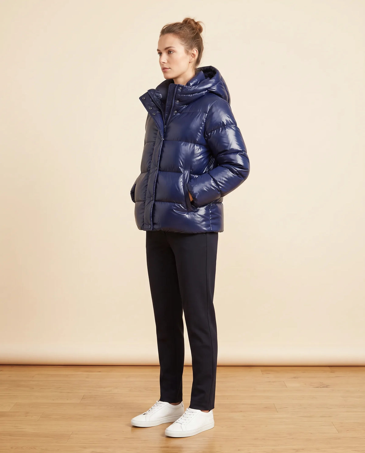 Hazel Puffer Jacket for Women - Slim Fit Hooded Glossy Zip-Up - Blue - side