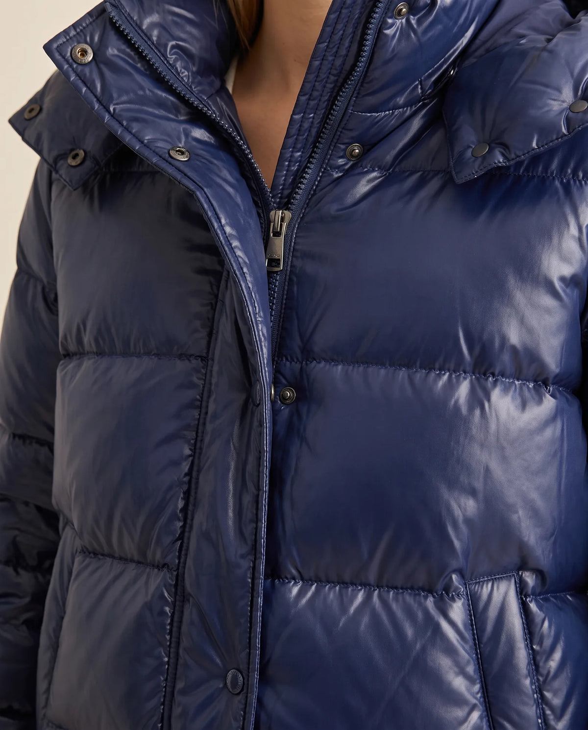 Hazel Puffer Jacket for Women - Slim Fit Hooded Glossy Zip-Up - Blue - detail