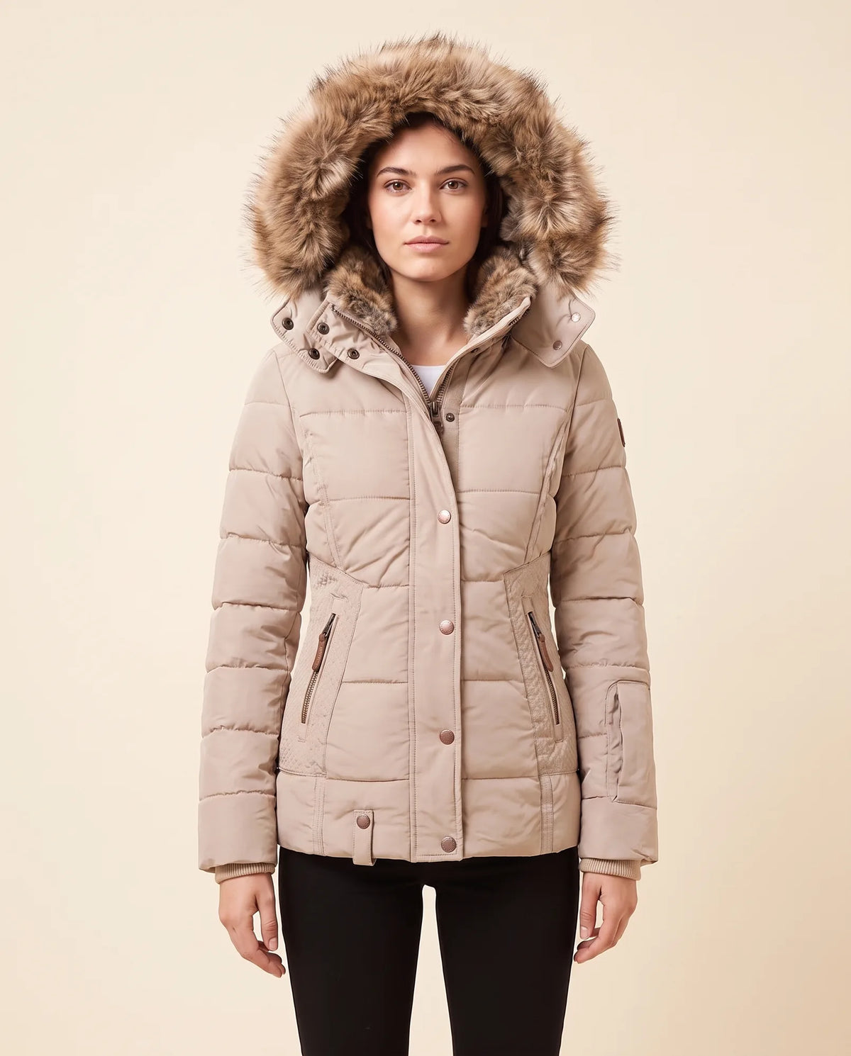 Iris Puffer Jacket for Women - Hooded Padded Winter Zip-Up - Beige - front