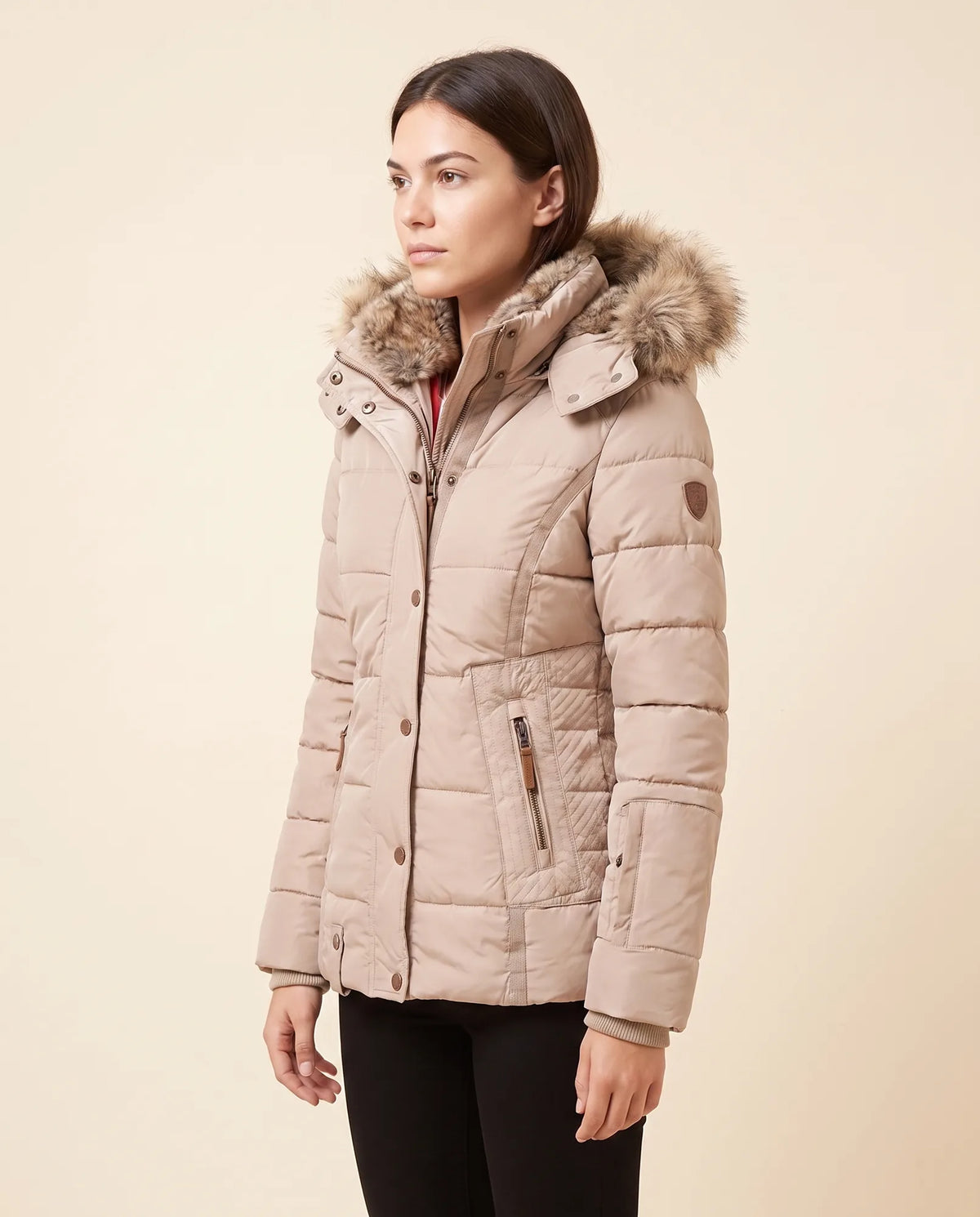 Iris Puffer Jacket for Women - Hooded Padded Winter Zip-Up - Beige - side