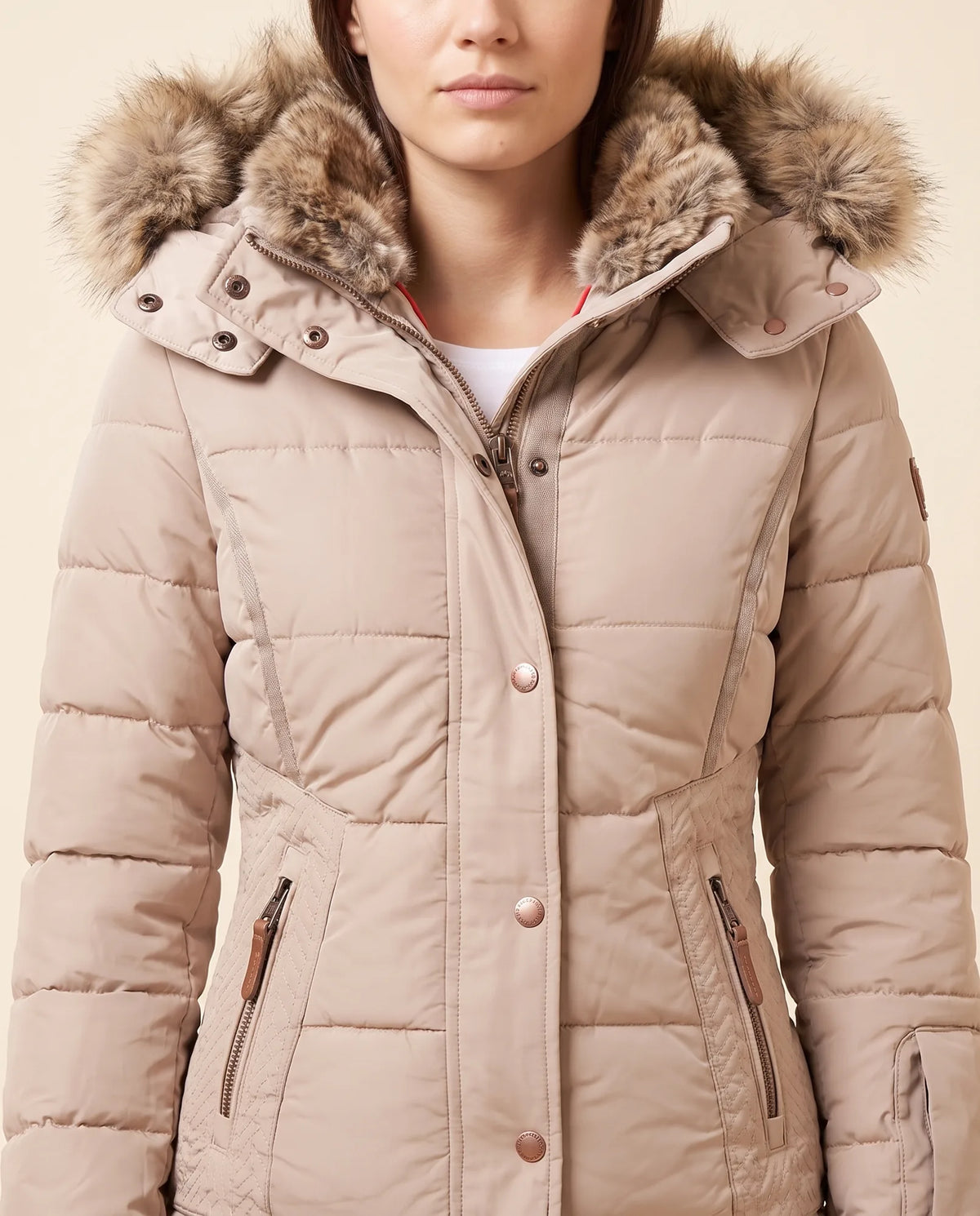 Iris Puffer Jacket for Women - Hooded Padded Winter Zip-Up - Beige - detail
