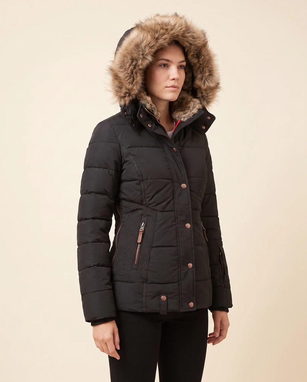 Iris Puffer Jacket for Women - Hooded Padded Winter Zip-Up - Black - side