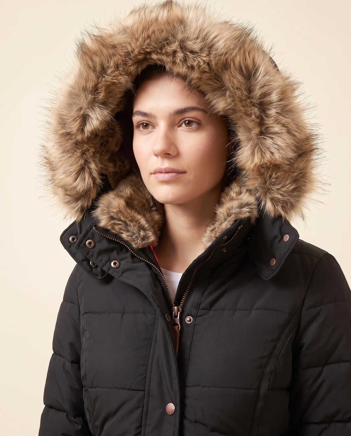 Iris Puffer Jacket for Women - Hooded Padded Winter Zip-Up - Black - detail