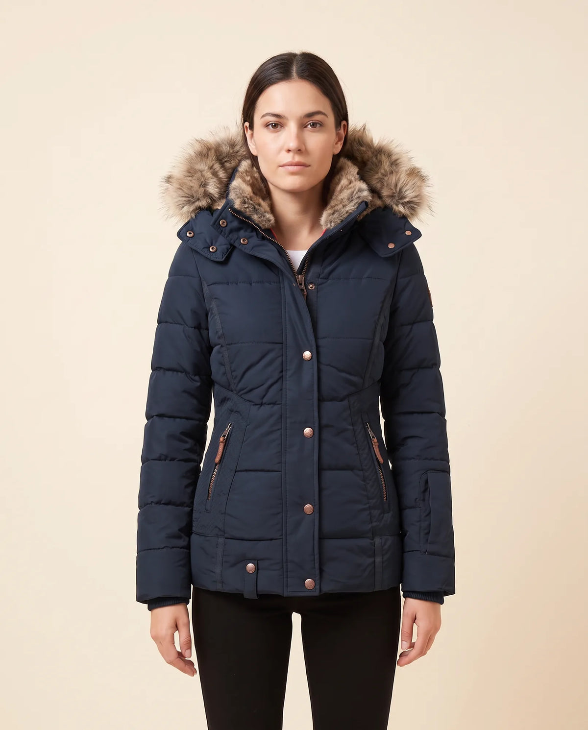 Iris Puffer Jacket for Women - Hooded Padded Winter Zip-Up - Blue - front