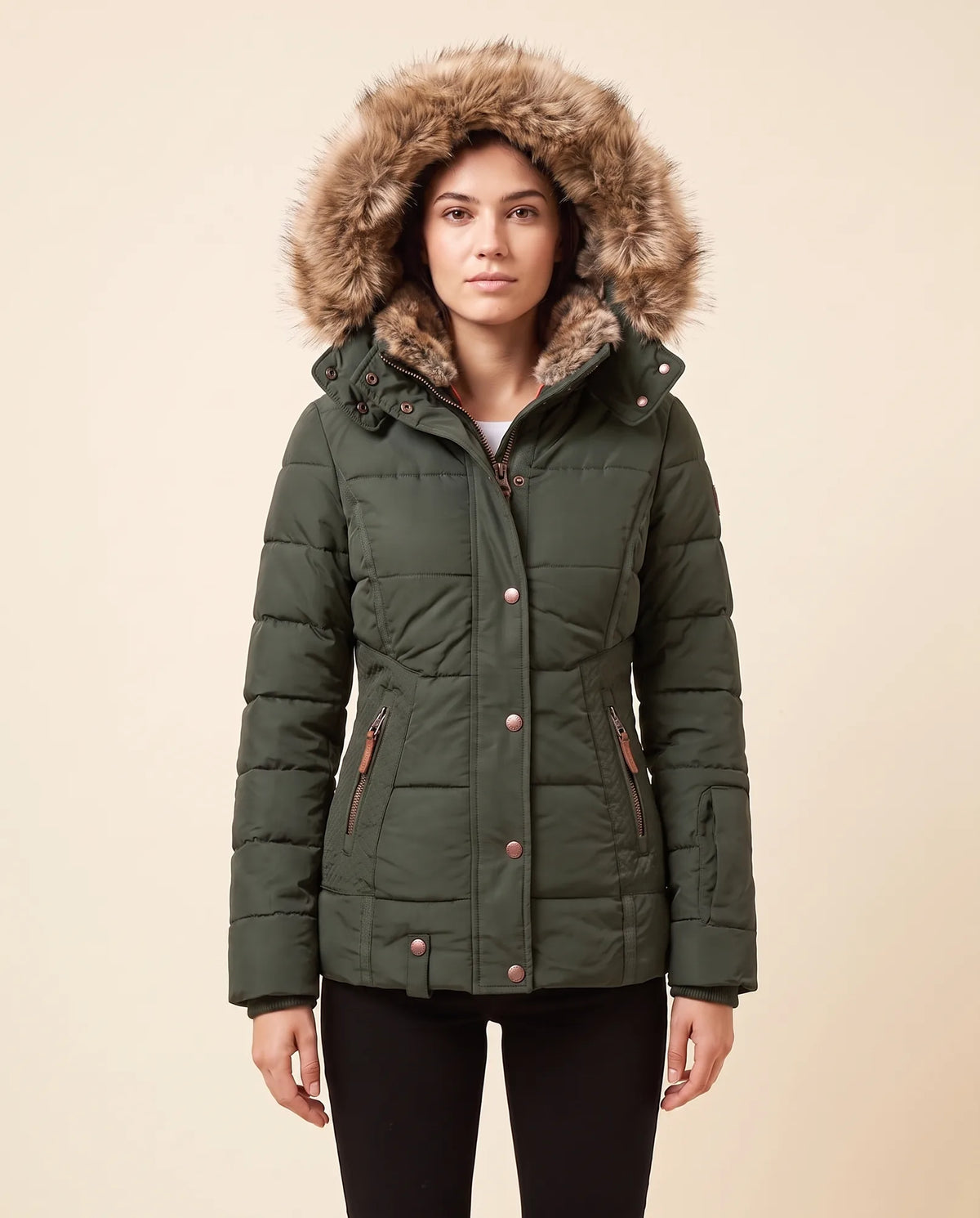 Iris Puffer Jacket for Women - Hooded Padded Winter Zip-Up - Green - front