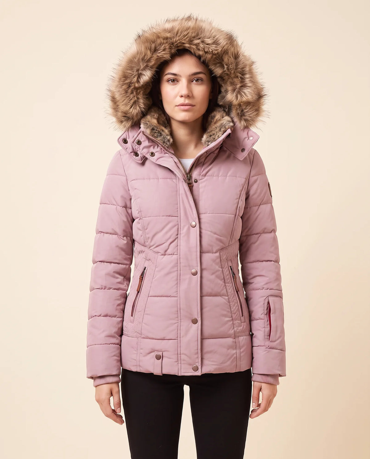Iris Puffer Jacket for Women - Hooded Padded Winter Zip-Up - Pink - front