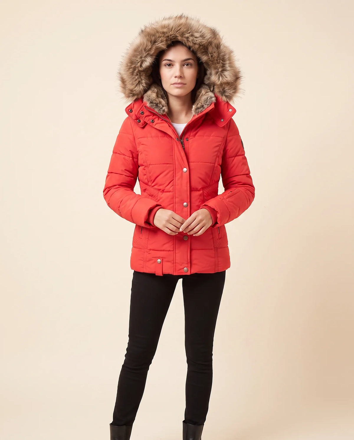 Iris Puffer Jacket for Women - Hooded Padded Winter Zip-Up - Red - front