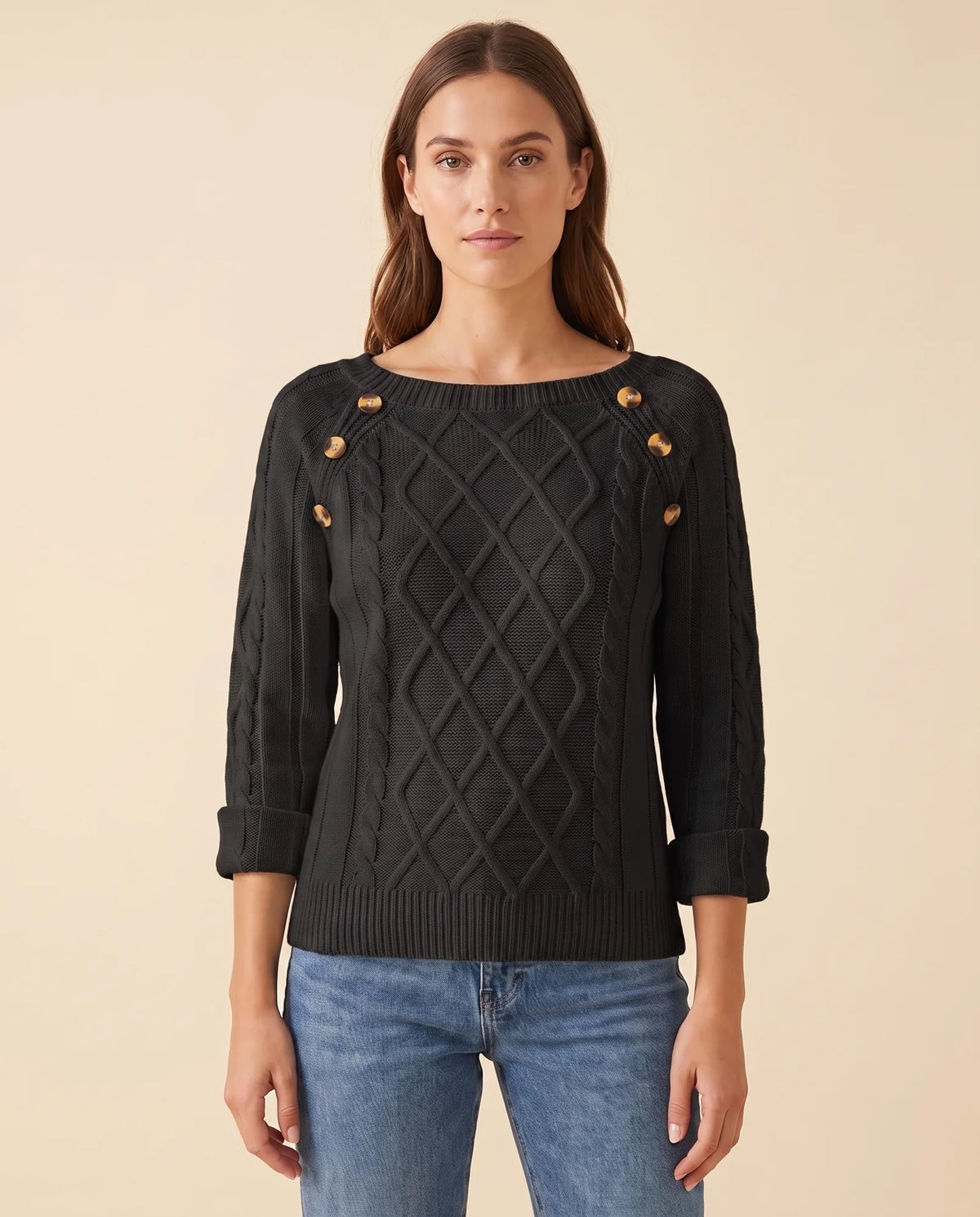 Ivy Sweater for Women - Cable Knit Button Shoulder Round Neck - Black - front