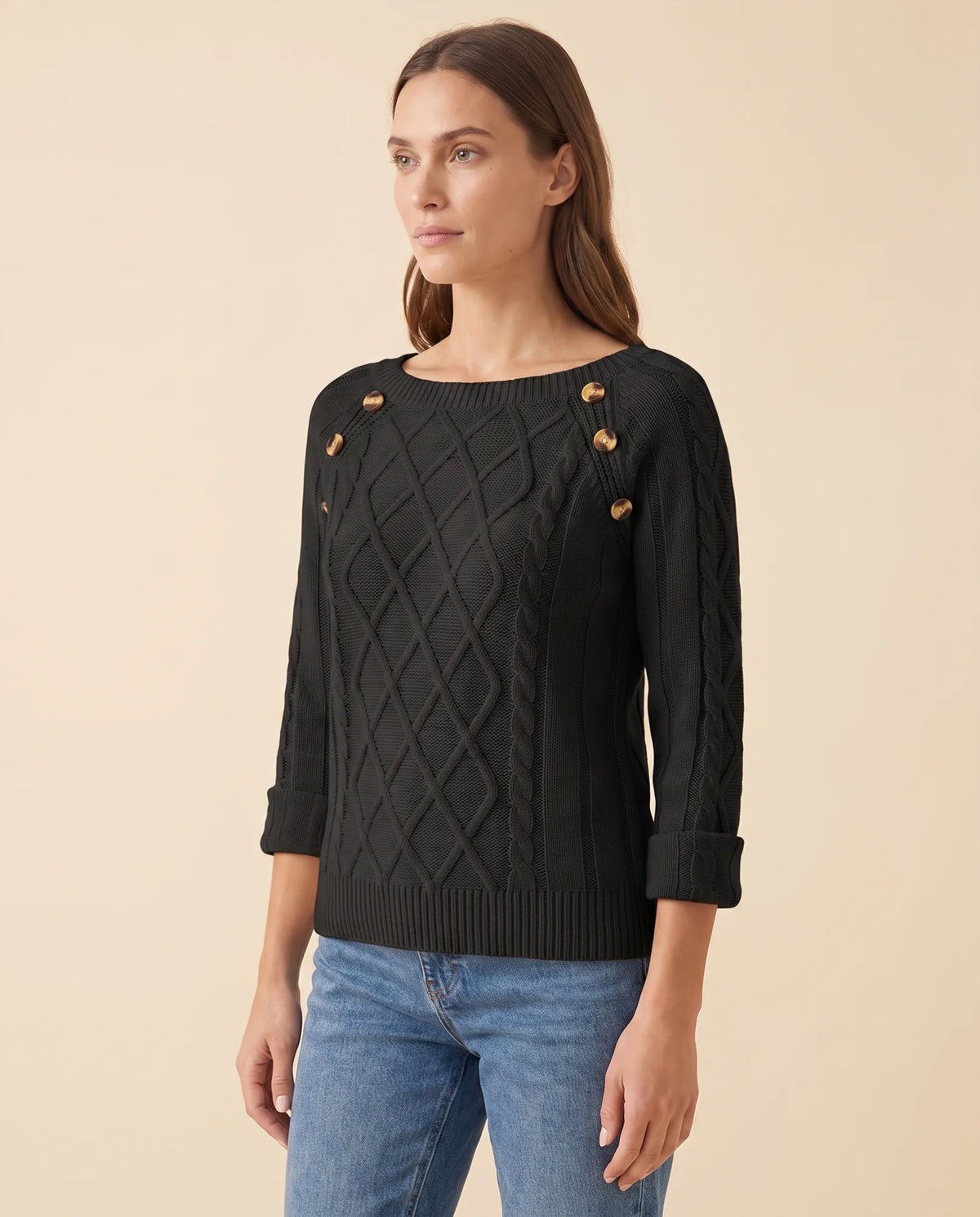 Ivy Sweater for Women - Cable Knit Button Shoulder Round Neck - Black - side