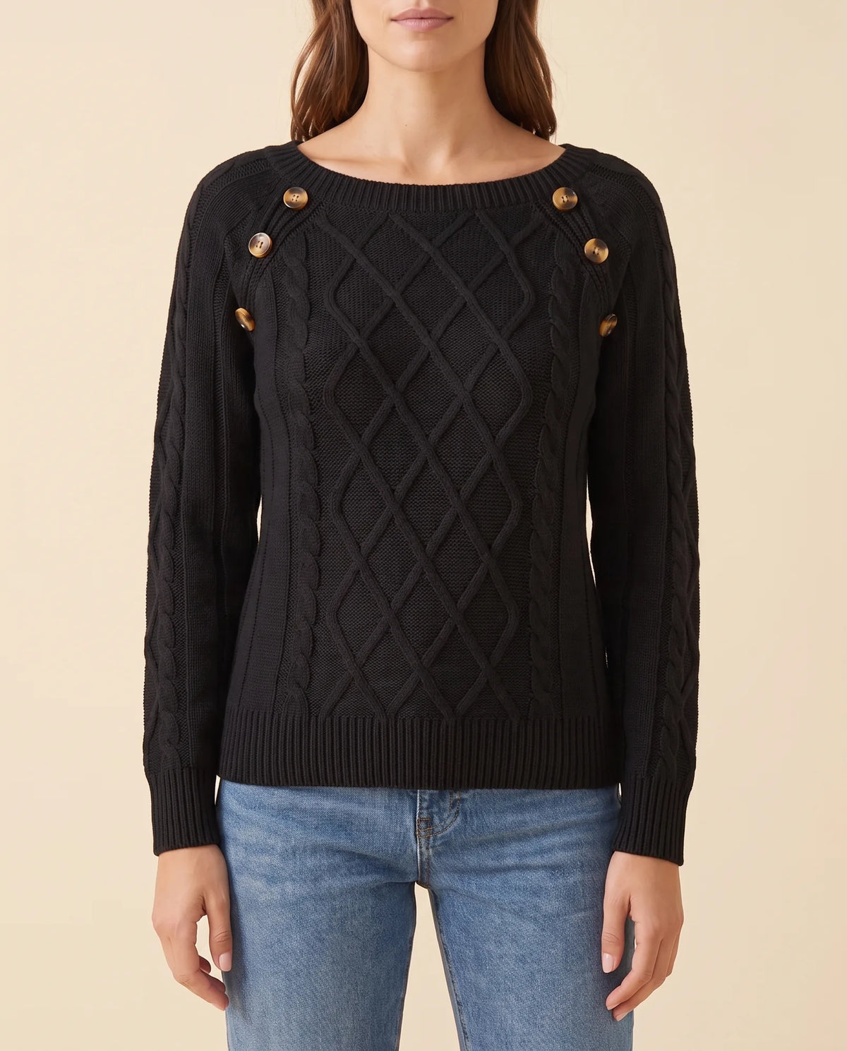 Ivy Sweater for Women - Cable Knit Button Shoulder Round Neck - Black - detail