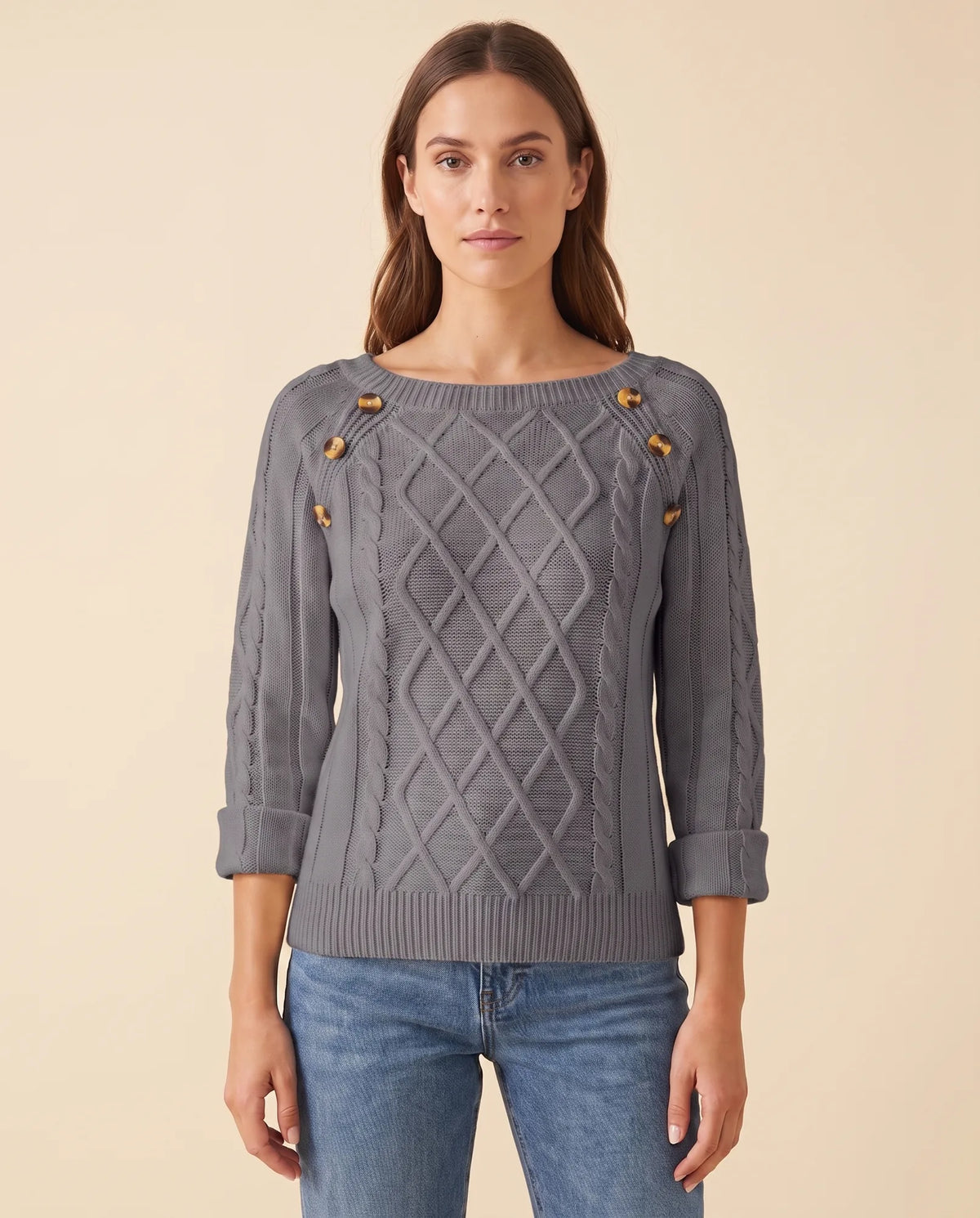 Ivy Sweater for Women - Cable Knit Button Shoulder Round Neck - Dark Grey - front