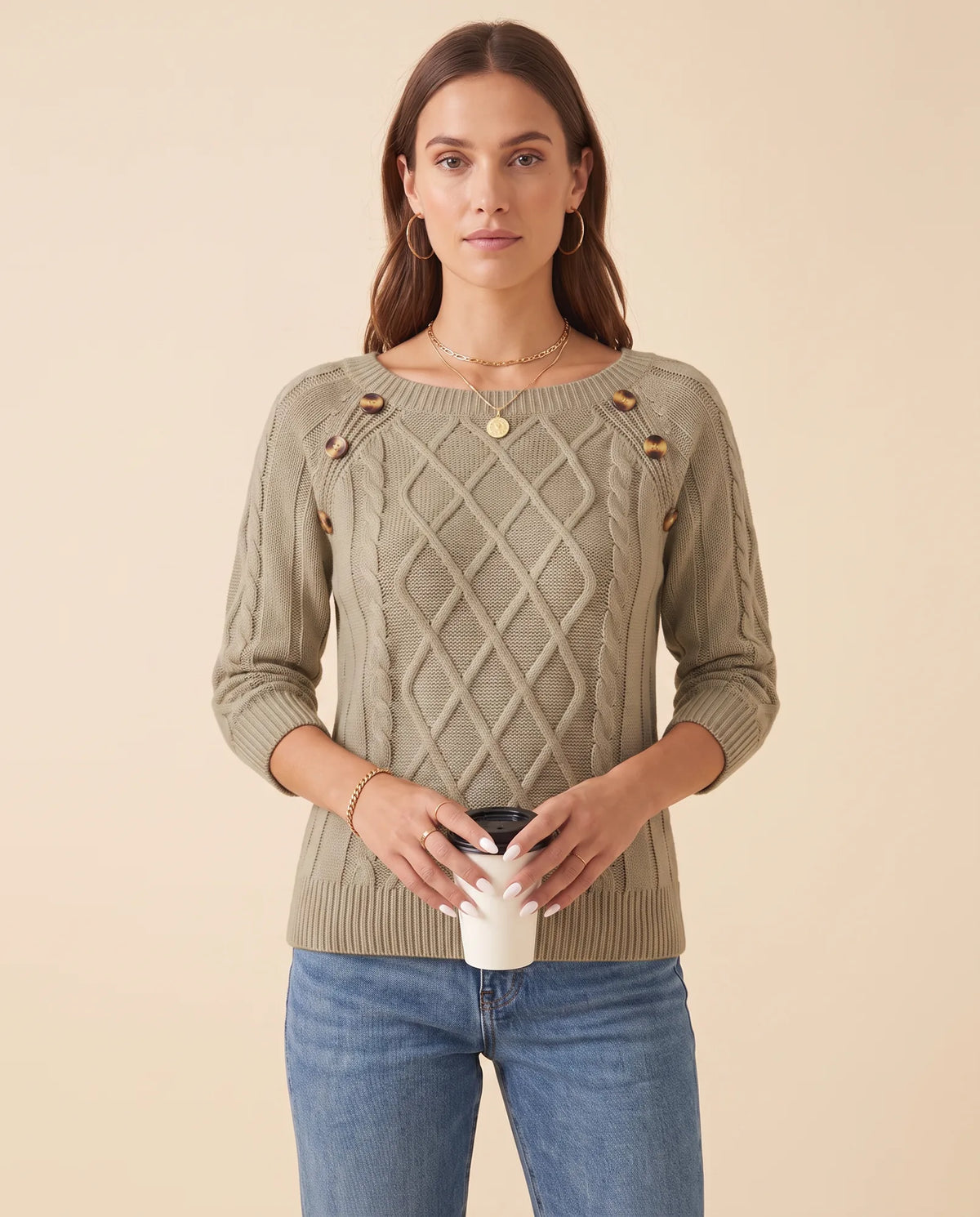 Ivy Sweater for Women - Cable Knit Button Shoulder Round Neck - Khaki - front
