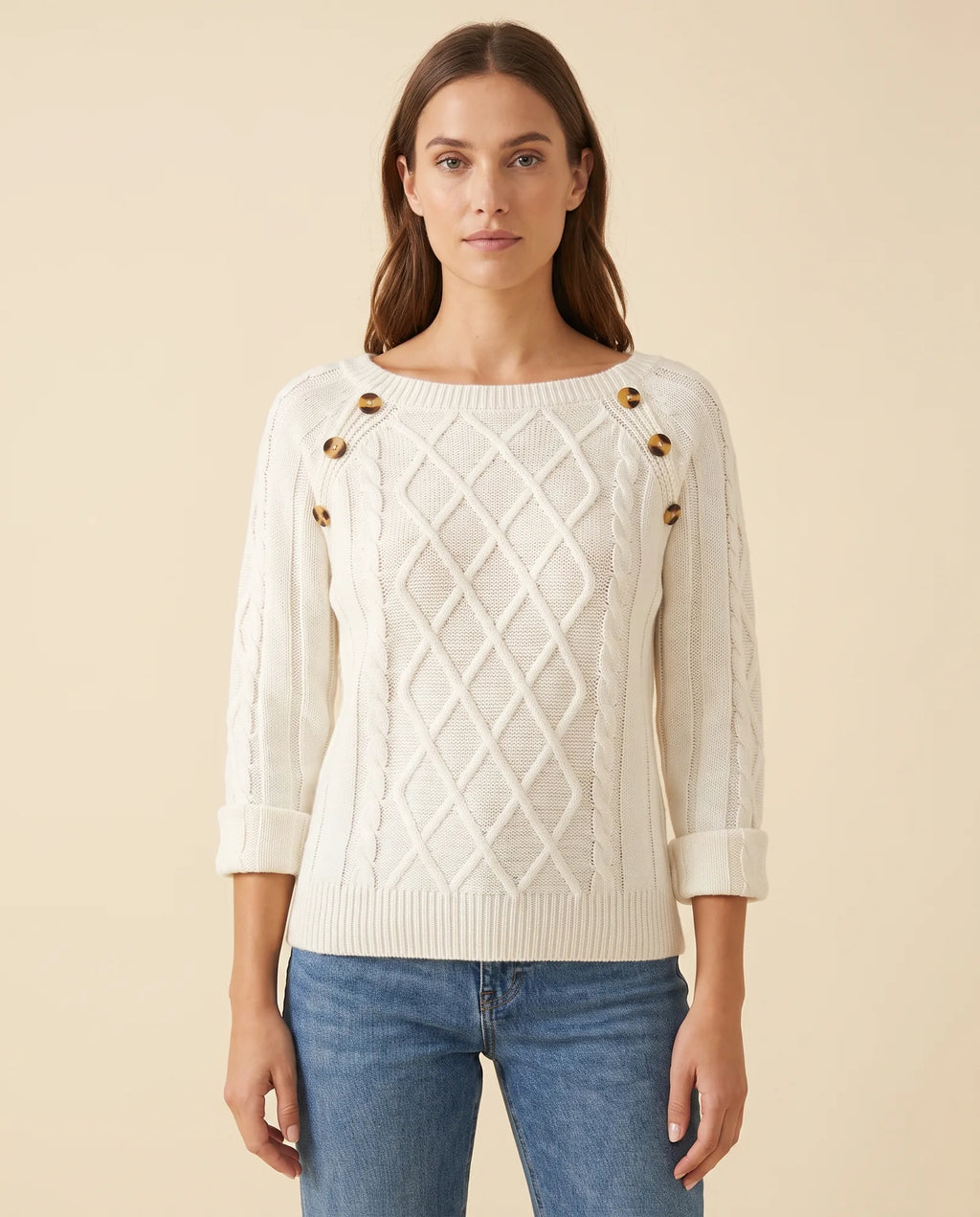 Ivy Sweater for Women - Cable Knit Button Shoulder Round Neck - White - front