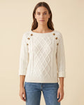 Ivy Sweater for Women - Cable Knit Button Shoulder Round Neck - White - front