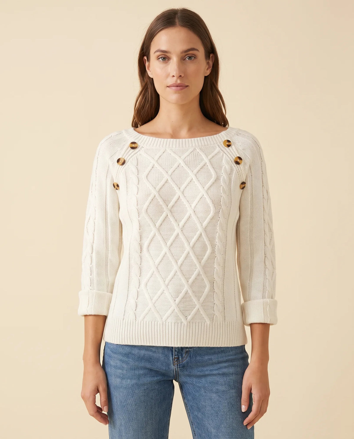 Ivy Sweater for Women - Cable Knit Button Shoulder Round Neck - White - front