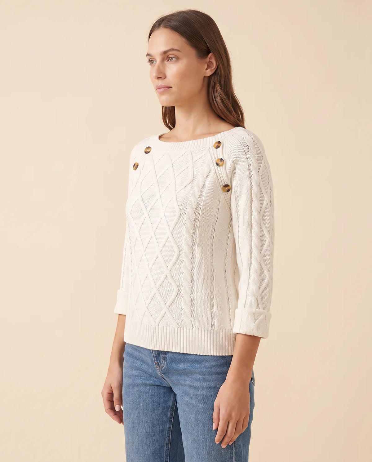 Ivy Sweater for Women - Cable Knit Button Shoulder Round Neck - White - side