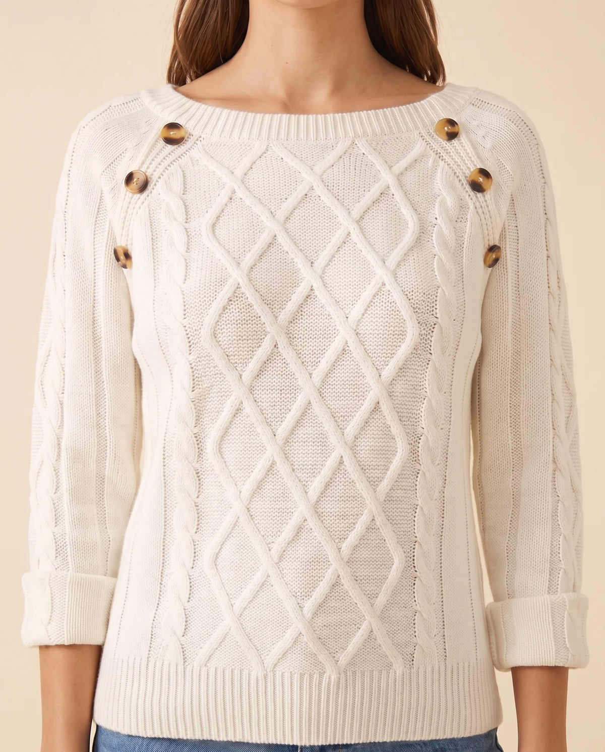 Ivy Sweater for Women - Cable Knit Button Shoulder Round Neck - White - detail