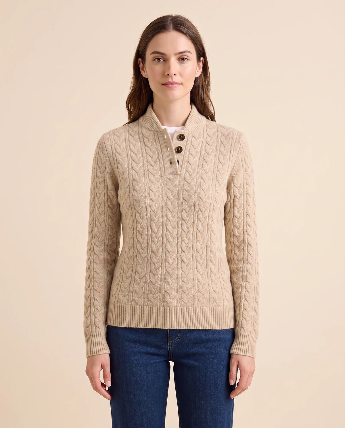 Maeve Sweater for Women - Cable Knit Button Neck Stand Collar - Beige - front
