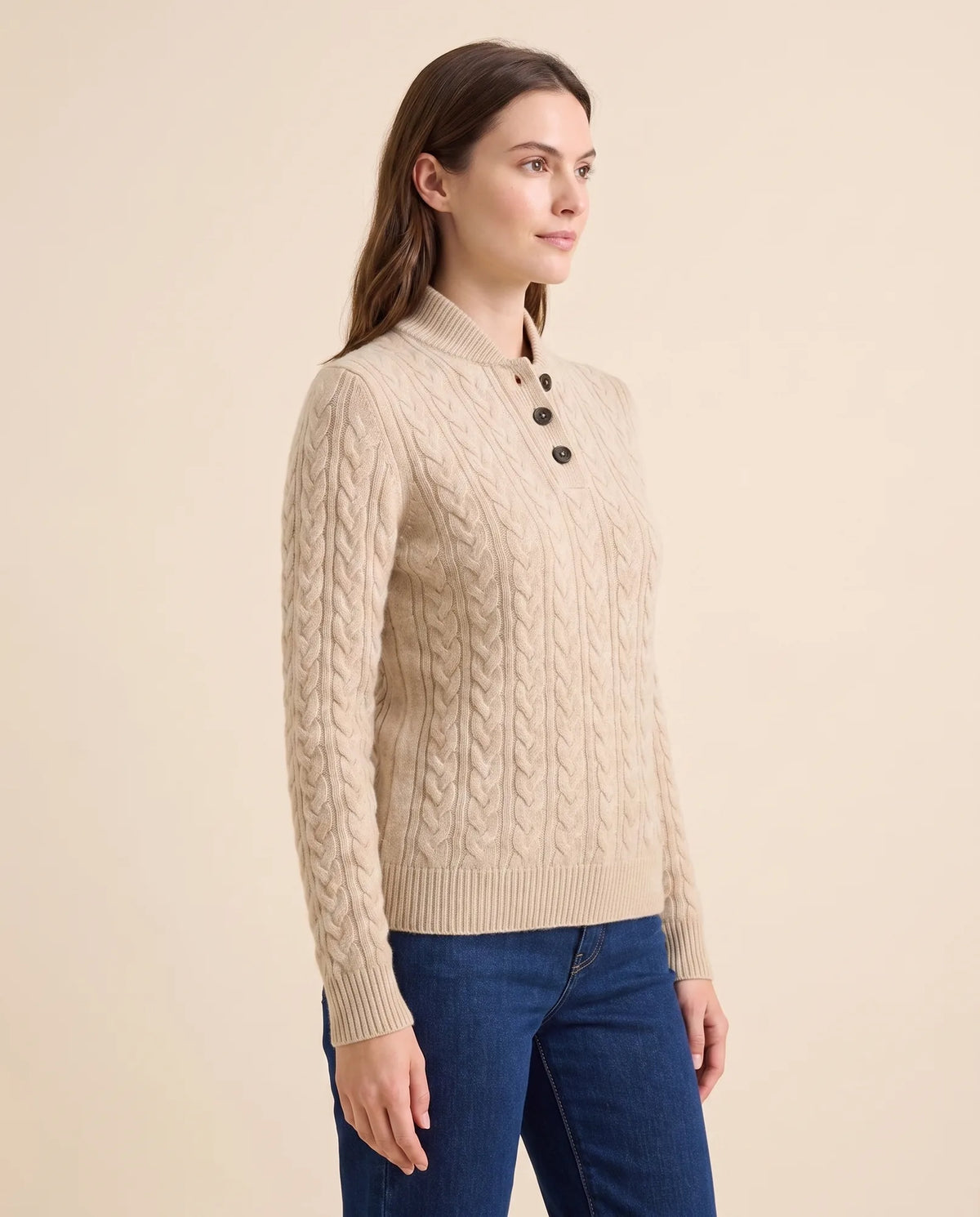 Maeve Sweater for Women - Cable Knit Button Neck Stand Collar - Beige - side