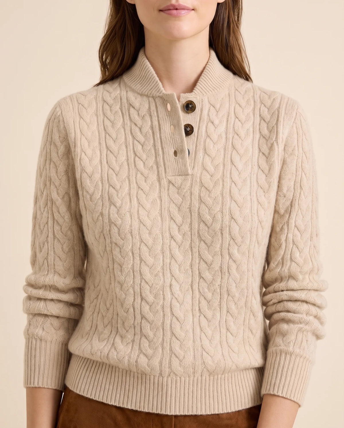 Maeve Sweater for Women - Cable Knit Button Neck Stand Collar - Beige - detail