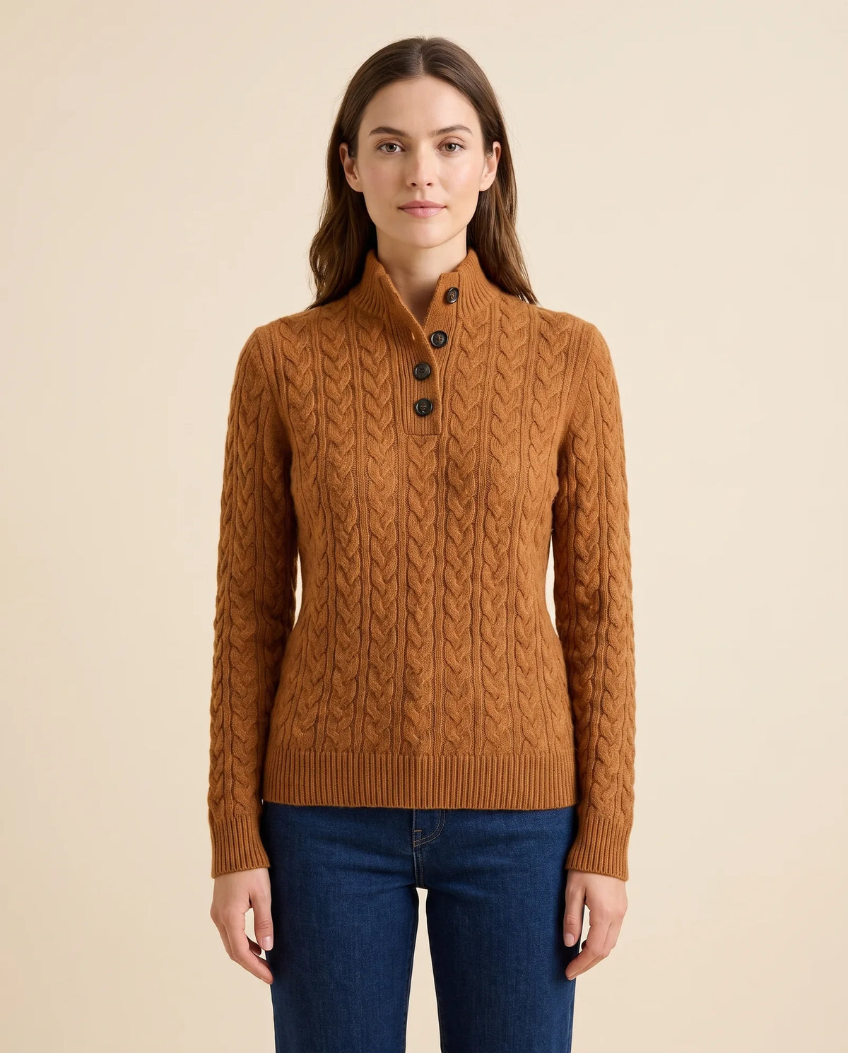 Maeve Sweater for Women - Cable Knit Button Neck Stand Collar - Brown - front