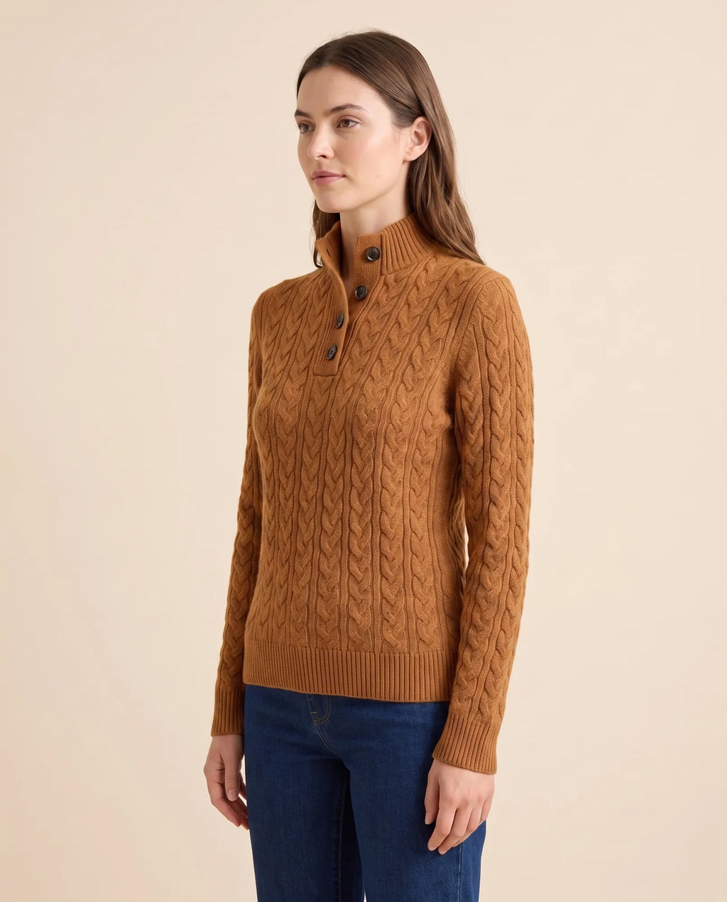 Maeve Sweater for Women - Cable Knit Button Neck Stand Collar - Brown - side