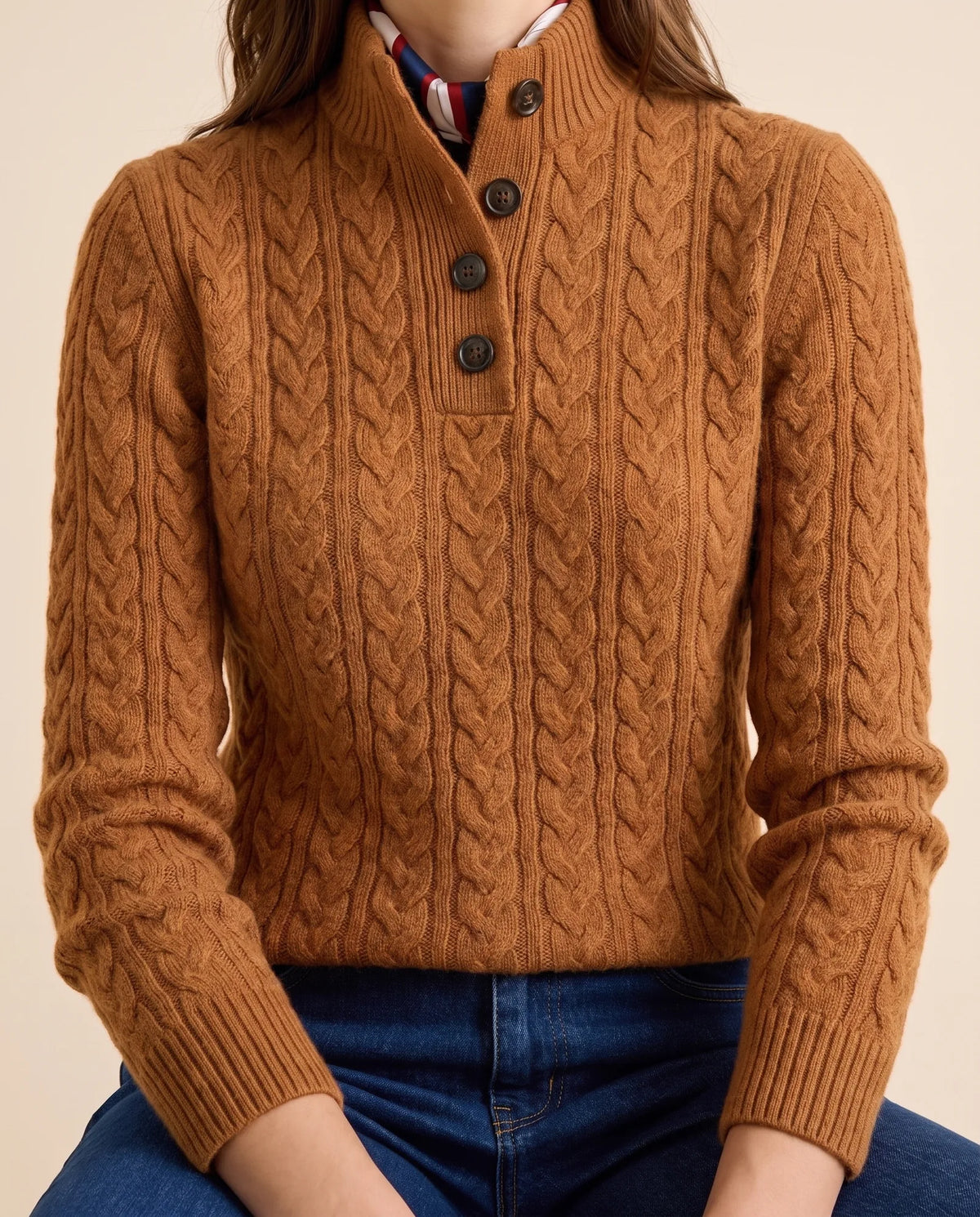 Maeve Sweater for Women - Cable Knit Button Neck Stand Collar - Brown - detail